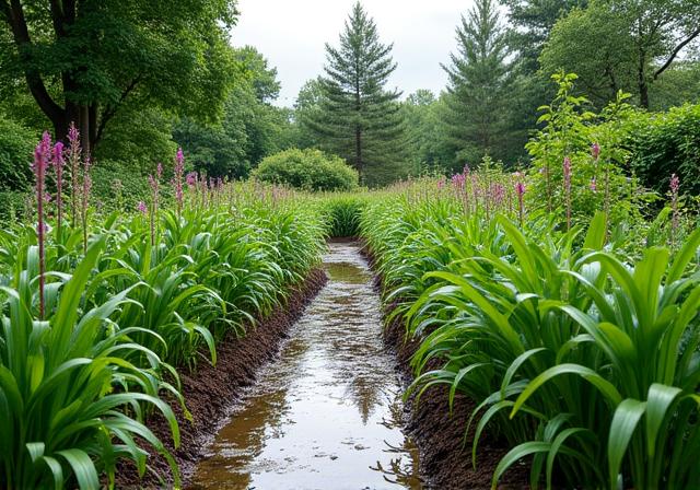 Jardin de pluie avec noue végétalisée